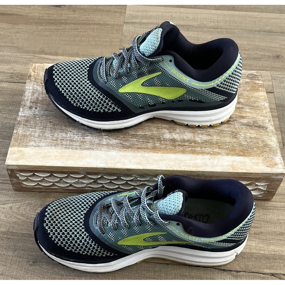 Brooks Revel Running Shoes Womens Size 7 Blue Gray Yellow Athletic 1202491B402
